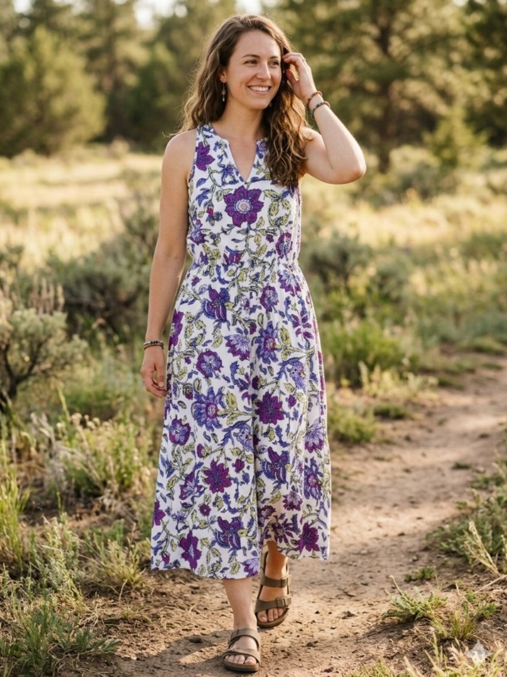 J. Jill Sleeveless Floral Boho Cottagecore Midi Dress 100% Cotton Purple & White